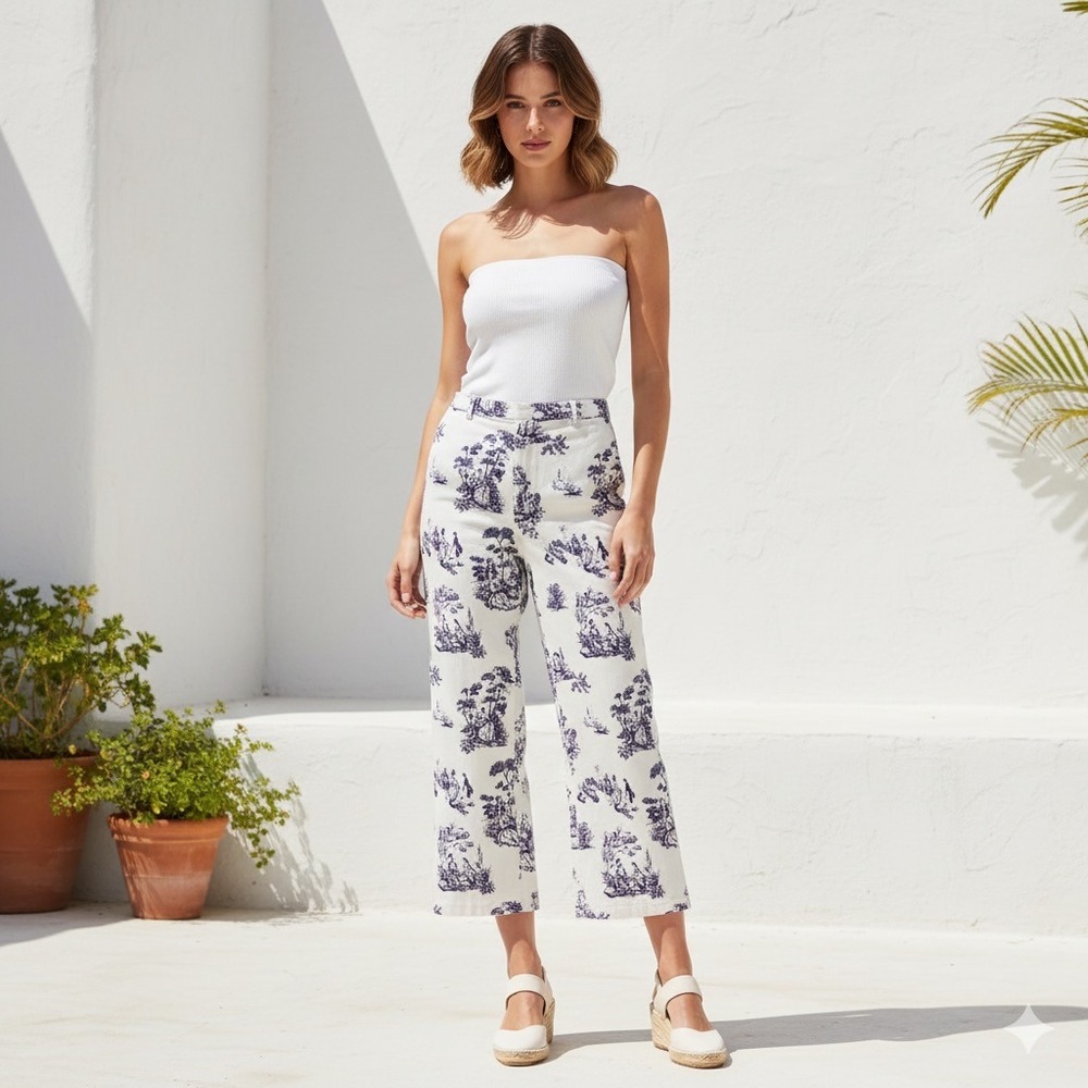 Y2K‎ Kathy Ireland Cropped Toile Pants Women 8 White Purple Stretch Pattern